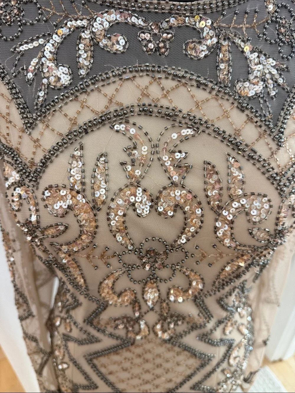 LARA Nude Long-Sleeve Beaded Cocktail Dress with Silver Accents